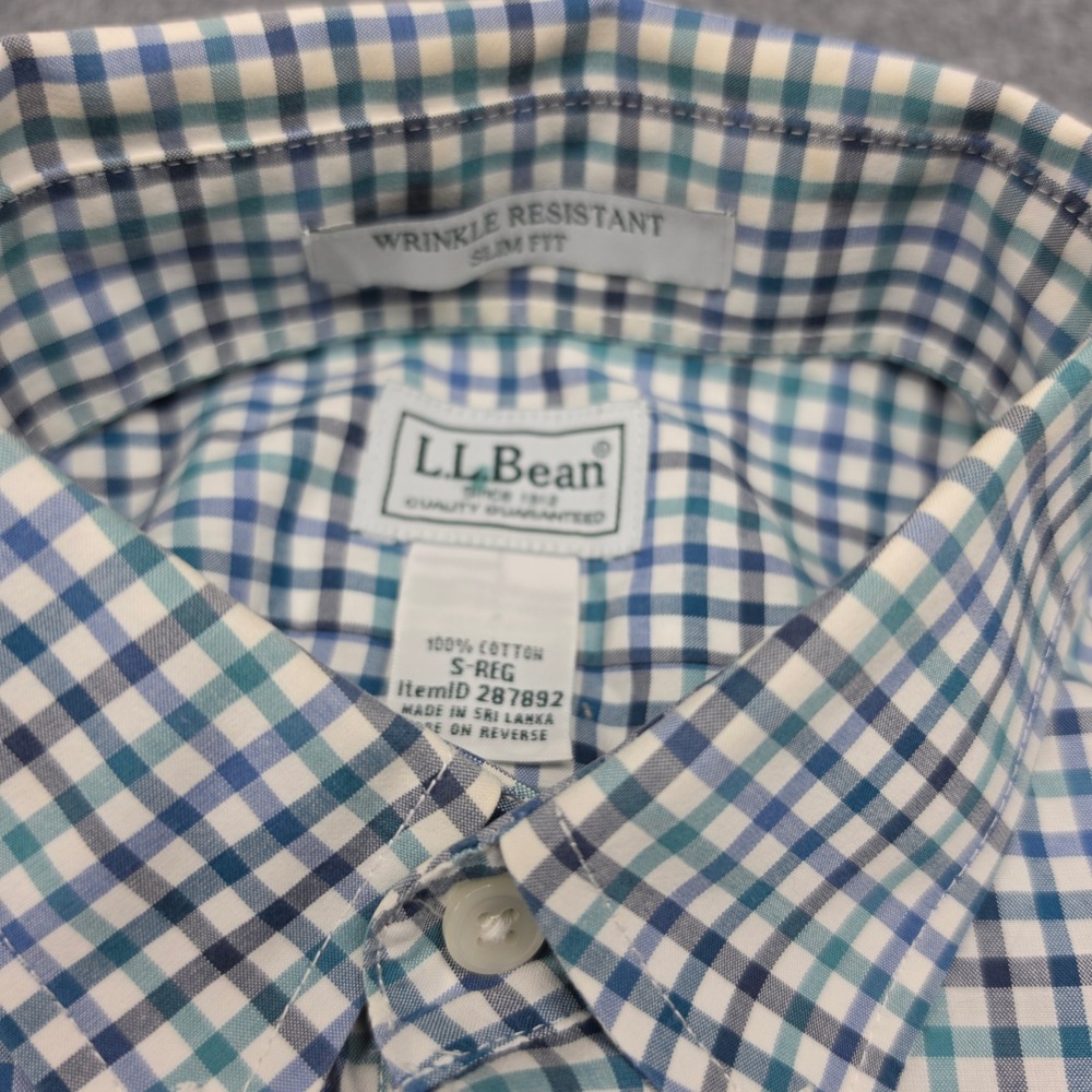 LL Bean Mens Slim Fit Wrinkle Resistant Gingham Button Down Shirt Blue Green S